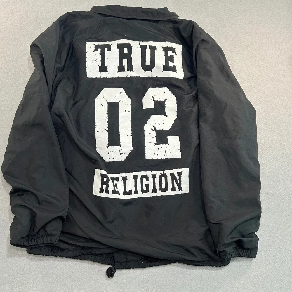 True Religion Coach Jacket Mens Large Black Graphic Print Snap Front Windbreaker